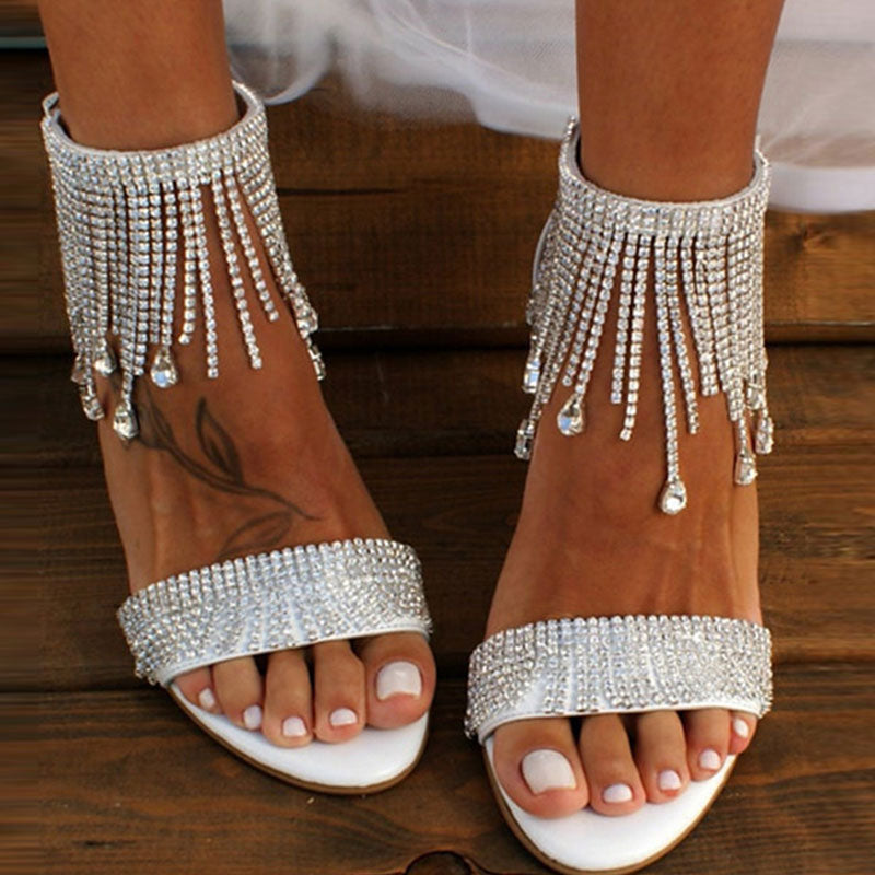 Rhinestone Ankle Strap Tassel Design Chunky Heeled Sandals