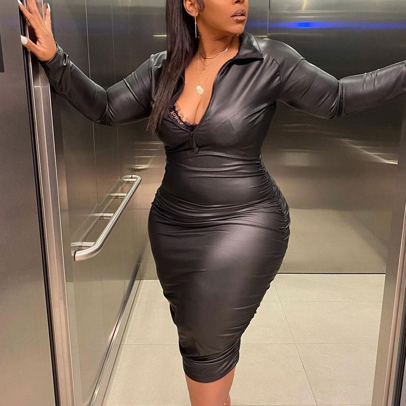 Plus Size V-Neck Zipper Design PU Leather Bodycon Dress