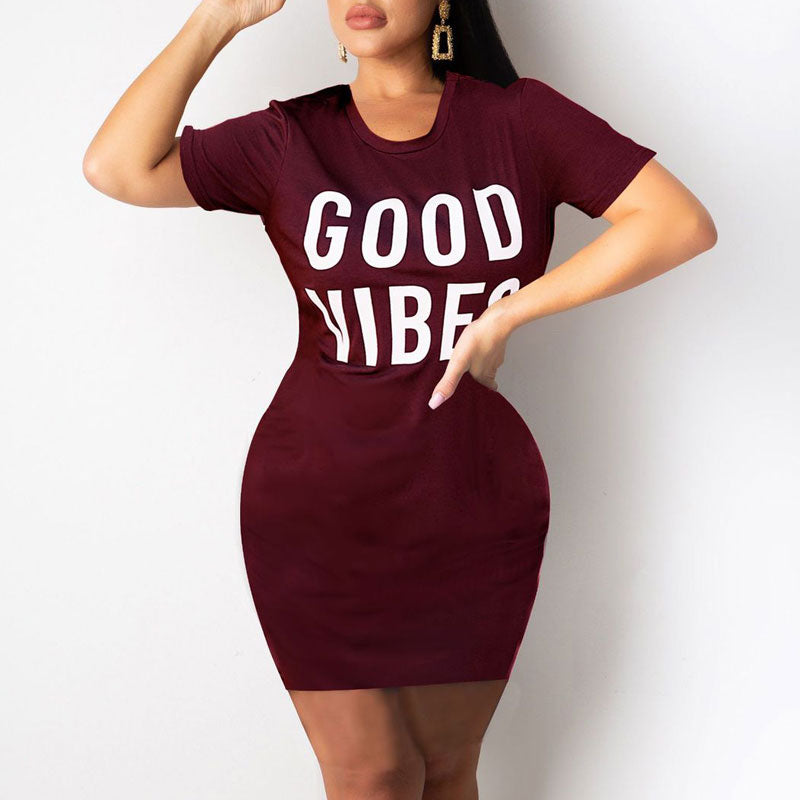 Letter Print Round Neck Bodycon Dress