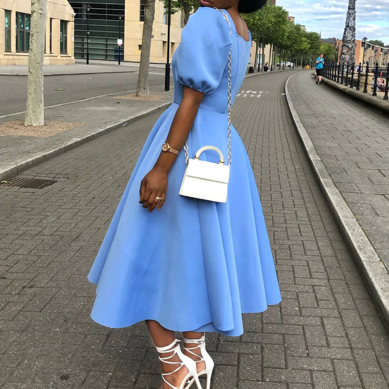 Solid Square Neck Puff Sleeve Pleated Midi Dress