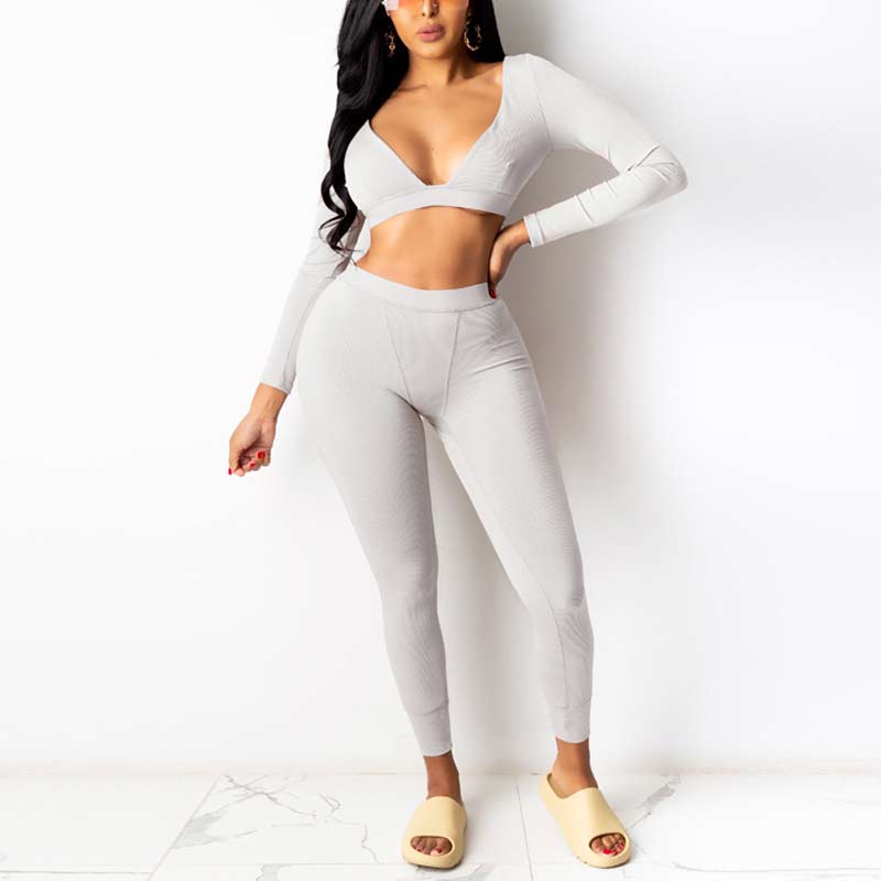 Solid V-Neck Long Sleeveless Crop Top & Pants Set