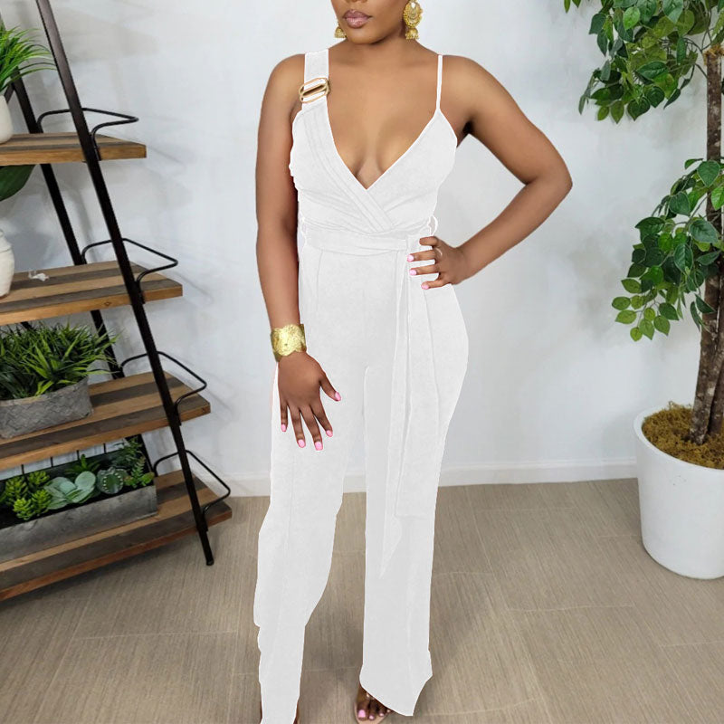 Solid Deep V-Neck Sleeveless Belted Wide Leg Jumpsuit