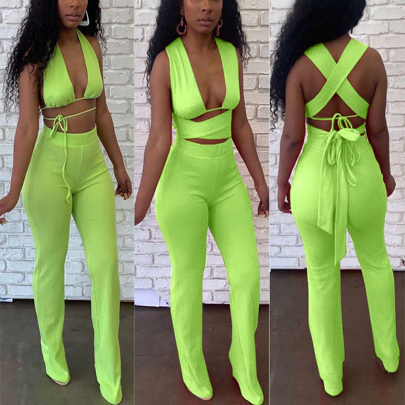 Solid Sleeveless Halter Bandage Two Piece Pants Set