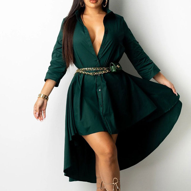 Solid Long Sleeve Button Detailed Belted Irregular Dress