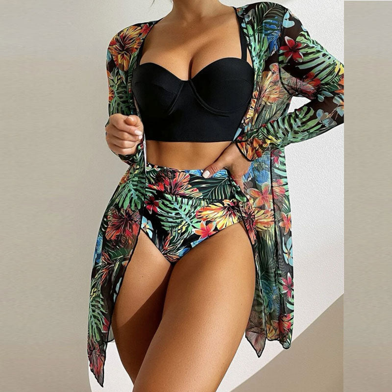 Leaf Print 2PCS Swimsuit Set With Cover Up