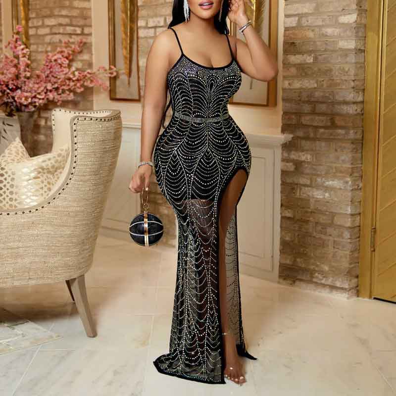 Rhinestone Sleeveless High Slit Spaghetti Strap Maxi Dress