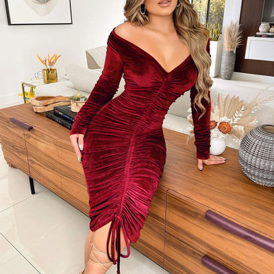 Velvet Off Shoulder Long Sleeve Drawstring Midi Dress