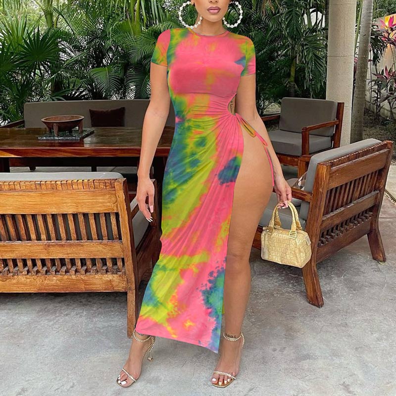 Tie Dye Print  Short Sleeve Tied High Slit Dress