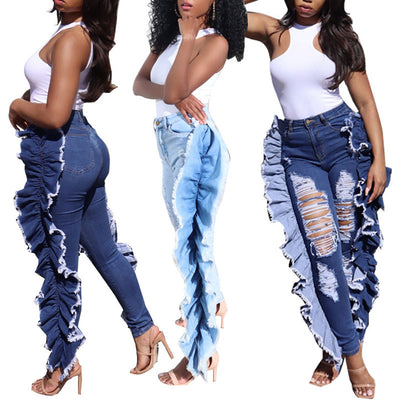 Solid High Waist Cut Out Ruffle Design Denim Pants