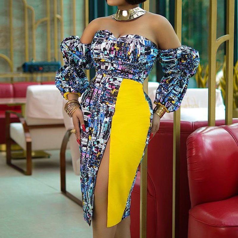 Colorblock Print Off Shoulder Puff Sleeve Slit Midi Dress