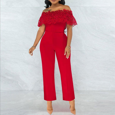 Solid Off Shoulder Sleeveless Lace Jumpsuit