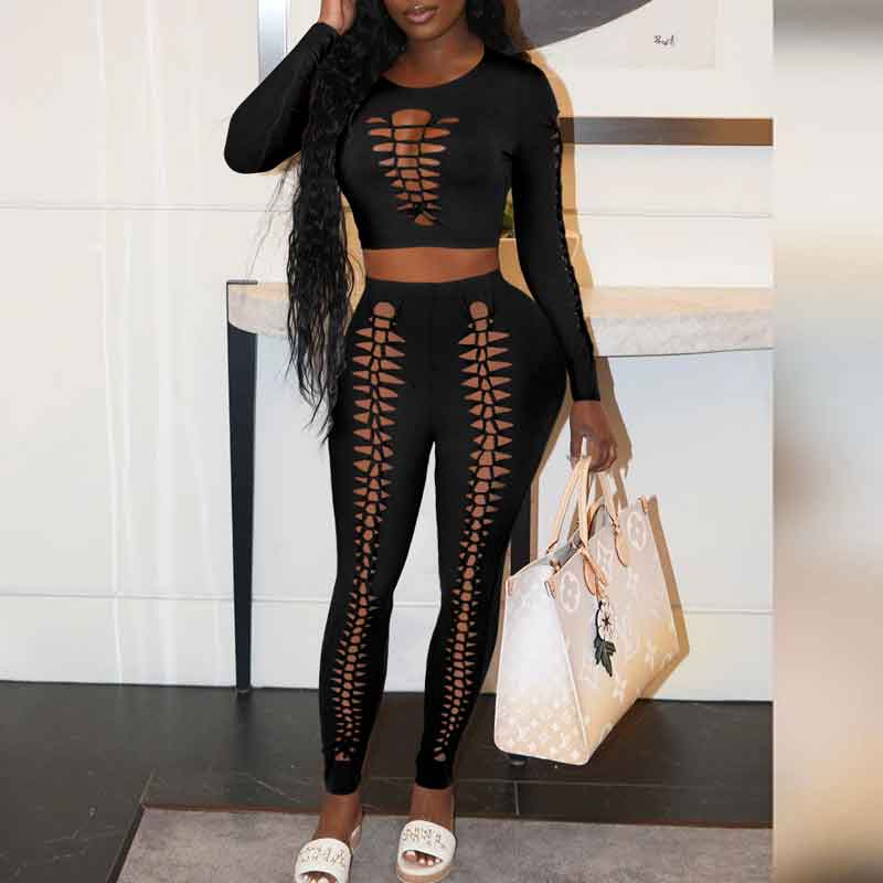 Solid Long Sleeve Cut Out Crop Top & Pants Set