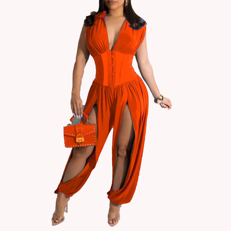 Solid V-Neck Sleeveless High Slit Jumpsuit