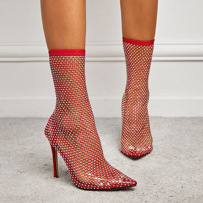 Rhinestone Hollow Out Thin Heeled Booties