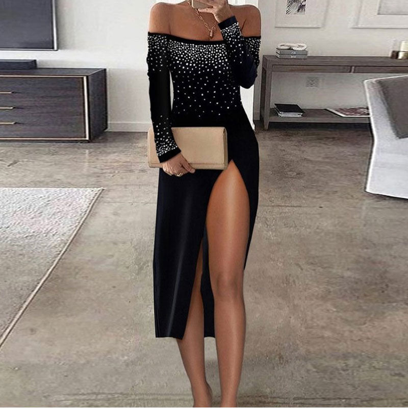 Rhinestone Off Shoulder Long Sleeve High Slit Midi Dress