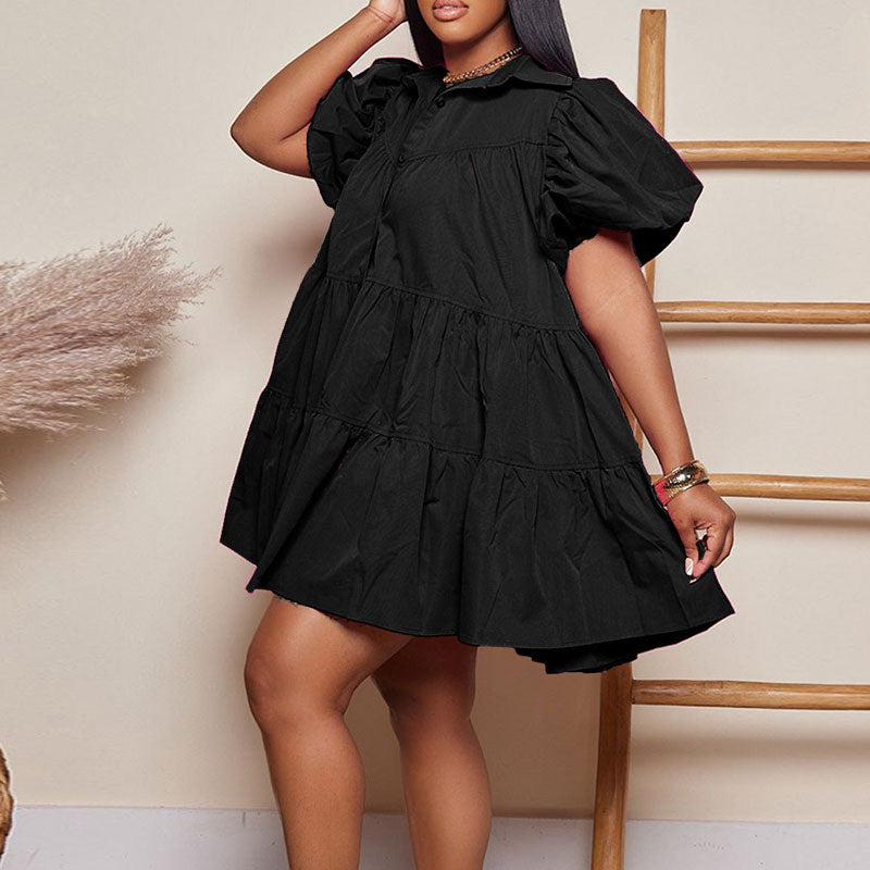 Solid Puff Sleeve Loose Shirt Dress