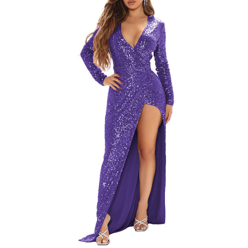 Sequins Deep V-Neck Long Sleeve High Slit Maxi Evening Dress