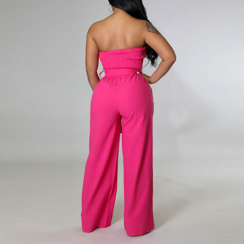 Solid Off Shoulder Belted Wide Leg Jumpsuit