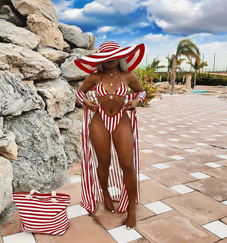 Striped Pattern Long Sleeve Swimsuit & Cover Up Set