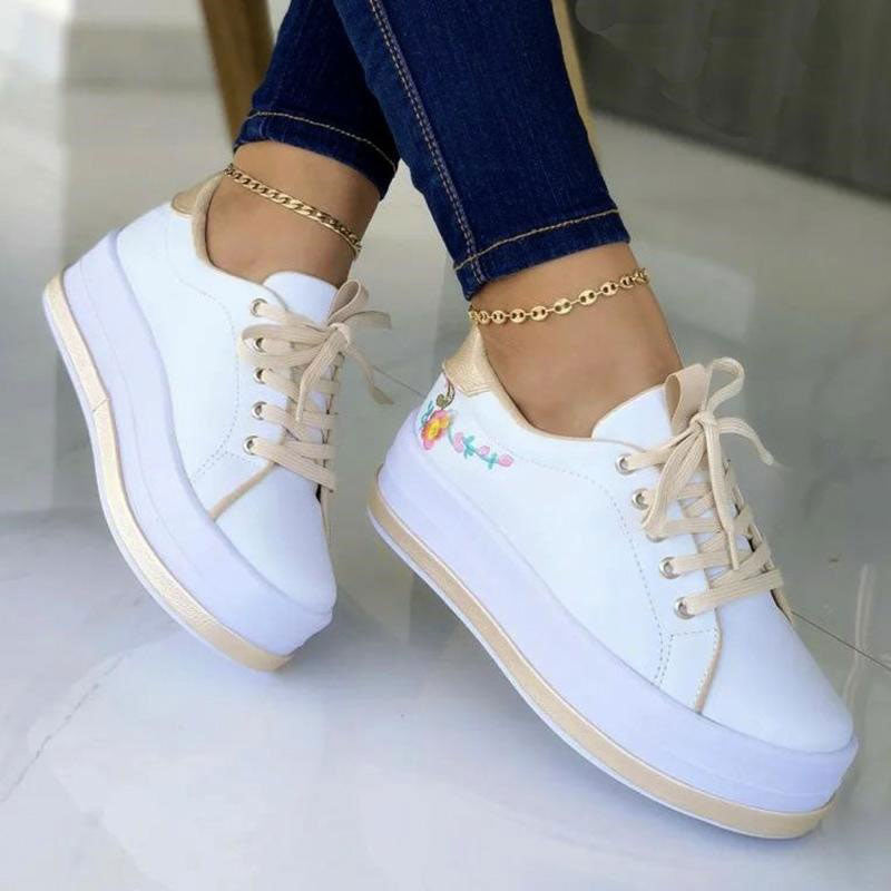 Floral Embroidered Lace Up Platform Sneakers