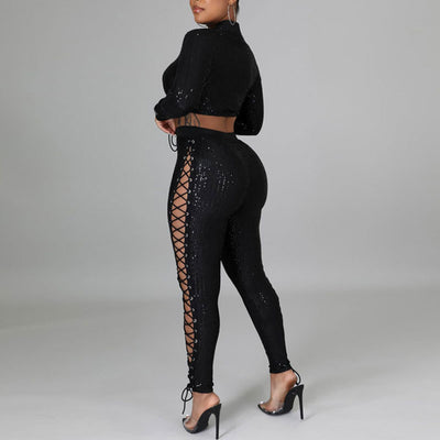 Sequins Long Sleeve Bandage Crop Top & Lace Up Pants Set