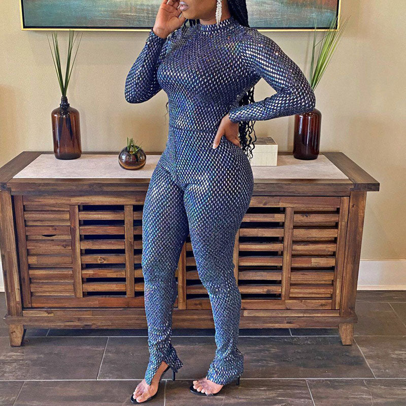 Glitter Long Sleeve Top & Slit Pants Set