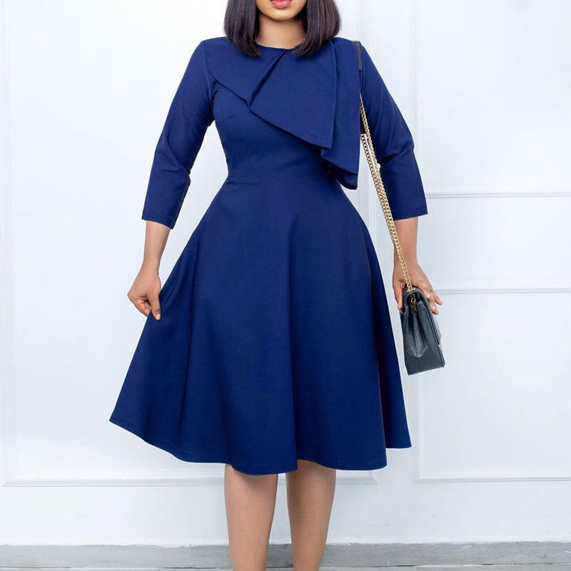 Solid Long Sleeve Ruffle Design Big Swing Midi Dress