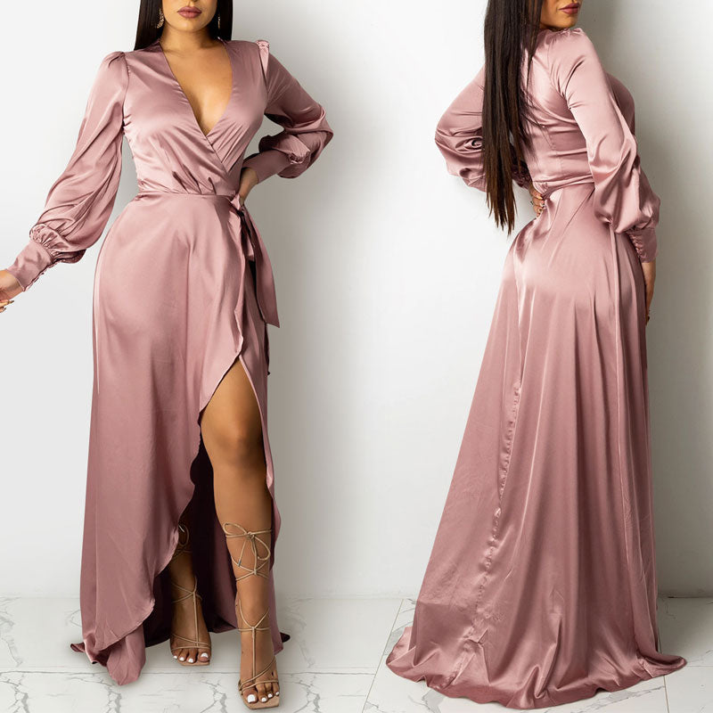 Solid Deep V-Neck Long Sleeve High Slit Floor-Length Dress