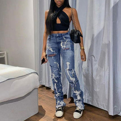 Print High Waist Cut Out Elastic Denim Pants