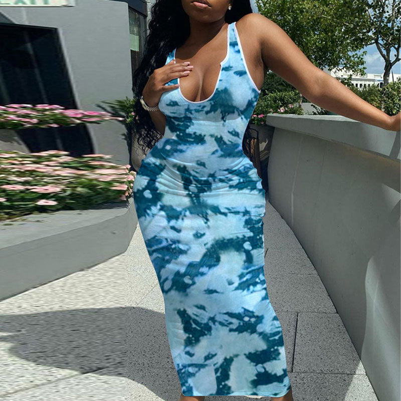 Tie Dye Print Sleeveless V-Neck Maxi Dress