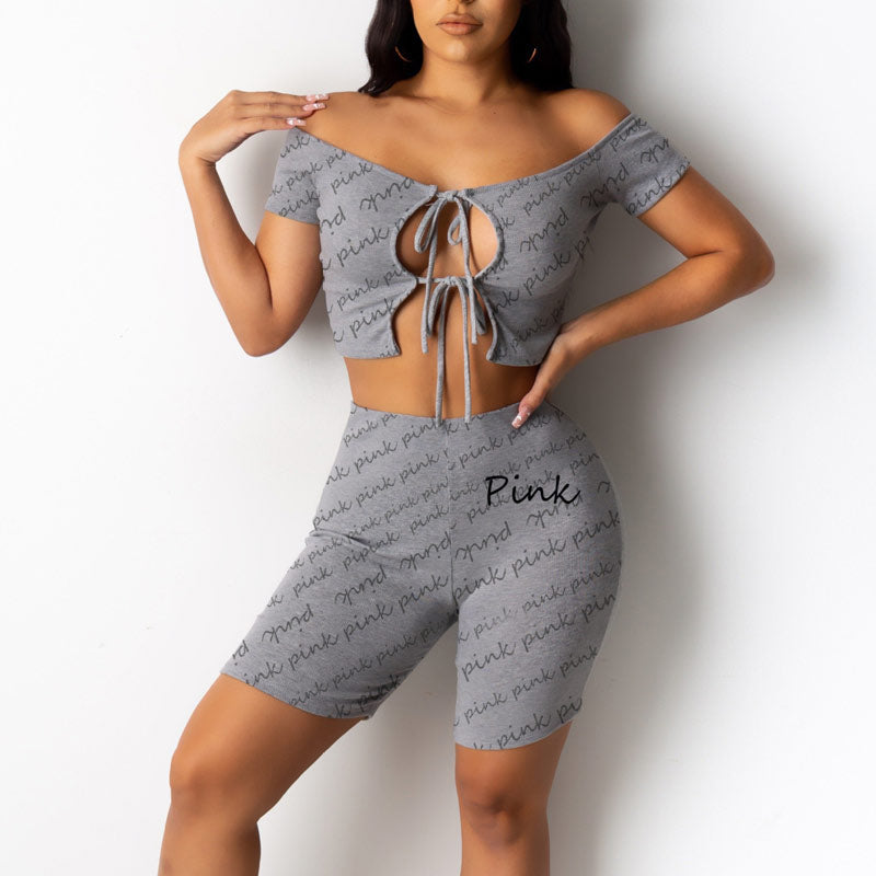 Letter Print Off Shoulder Cut Out Shorts Set