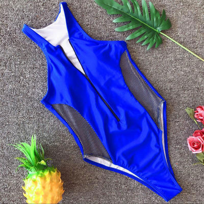 Solid Hollow Out Zipper Design One Piece Swimsuit