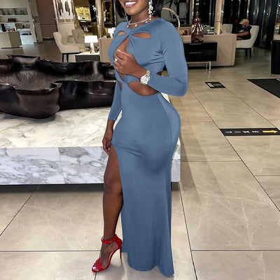 Solid Long Sleeve Cut Out High Slit Dress