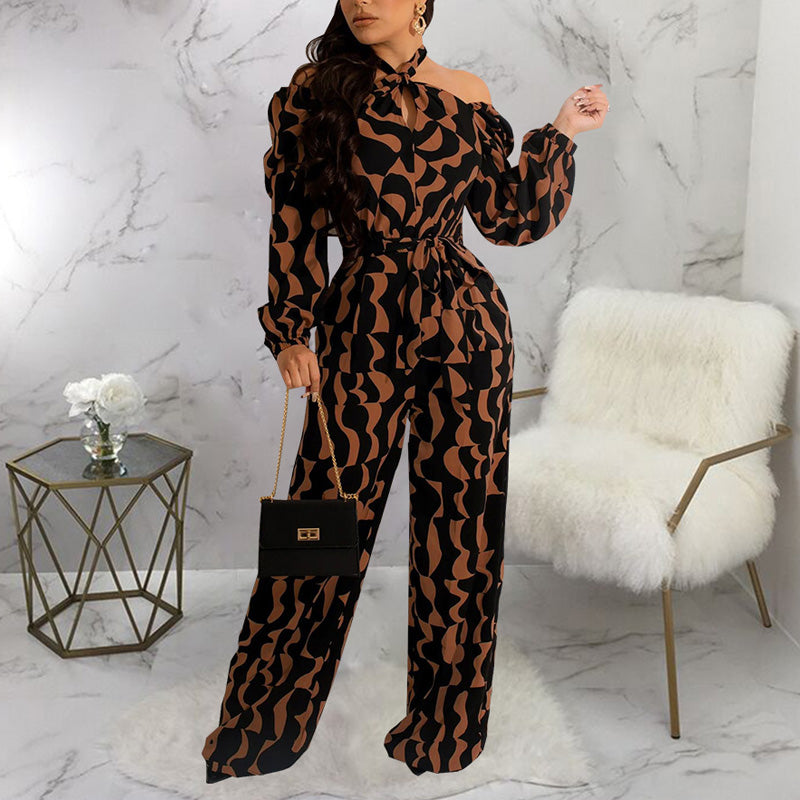 Print Halter Cold Shoulder Jumpsuit