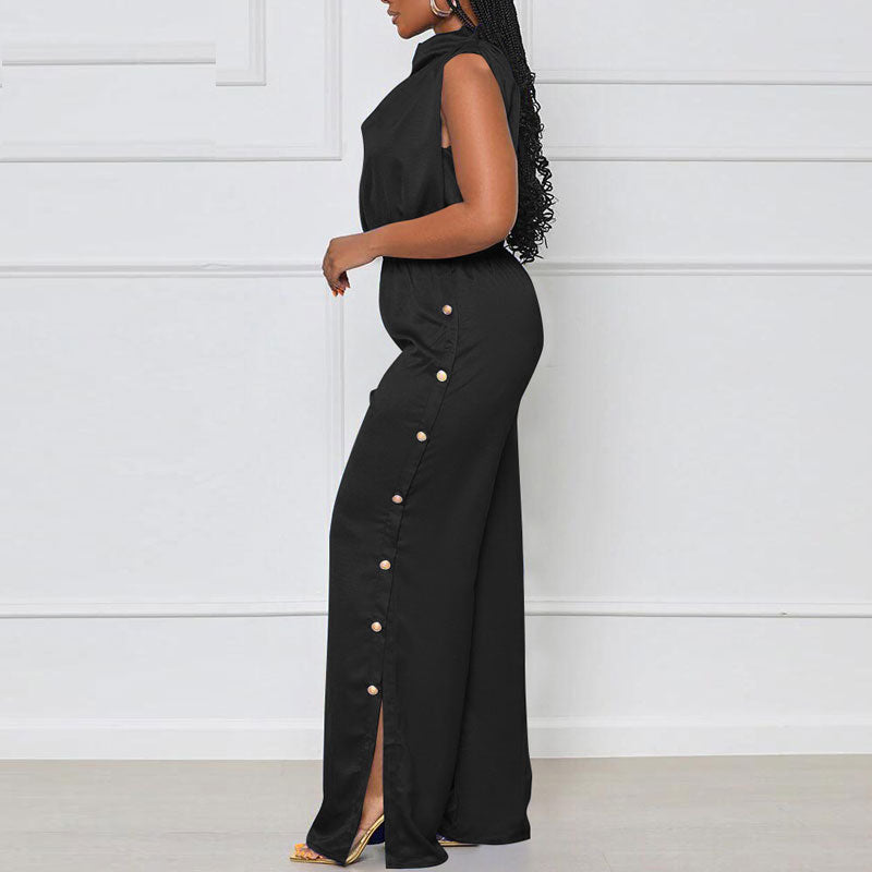 Solid Sleeveless Cowl Neck Button Detailed Slit Jumpsuit