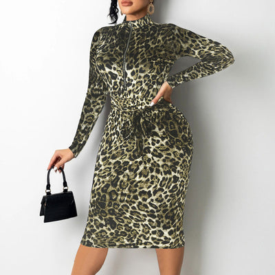 Leopard Print Long Sleeve Zipper Design Belted Bodycon Dress