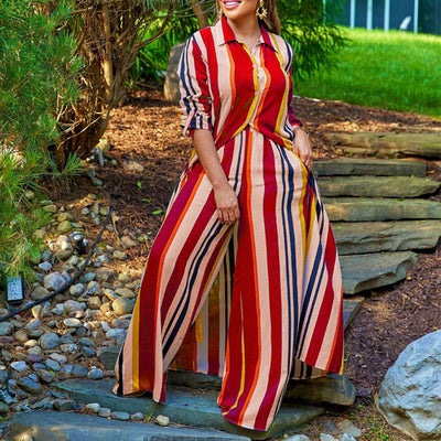 Striped Long Sleeve Shirt Dress & Wide Leg Pants Set