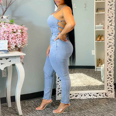 Solid Halter Backless Bandage Denim Jumpsuit