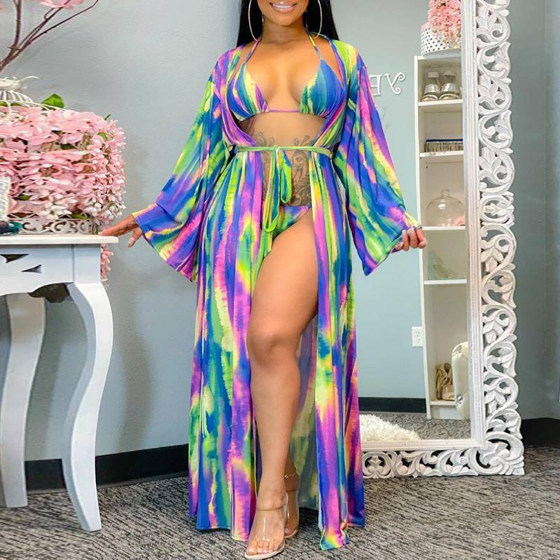 Tie Dye Print Long Sleeve Swimsuit & Cover Up Set