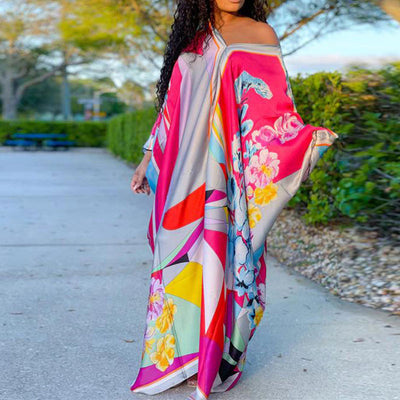 Print V-Neck Long Sleeve Loose Dress