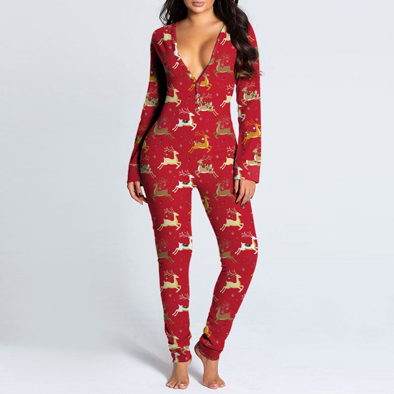 Christmas Pattern Deep V-Neck Long Sleeve Jumpsuit