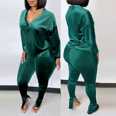 Solid V-Neck Long Sleeve Top & Slit Pants Set