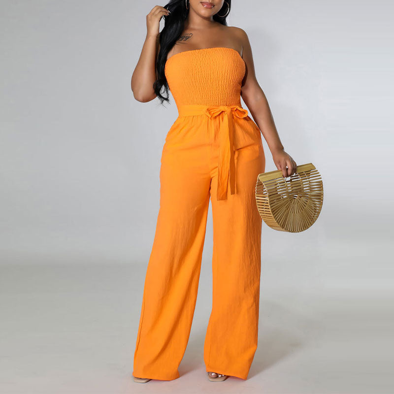 Solid Off Shoulder Belted Wide Leg Jumpsuit