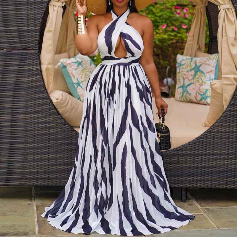 Print Sleeveless Halter Cut Out Big Swing Maxi Dress