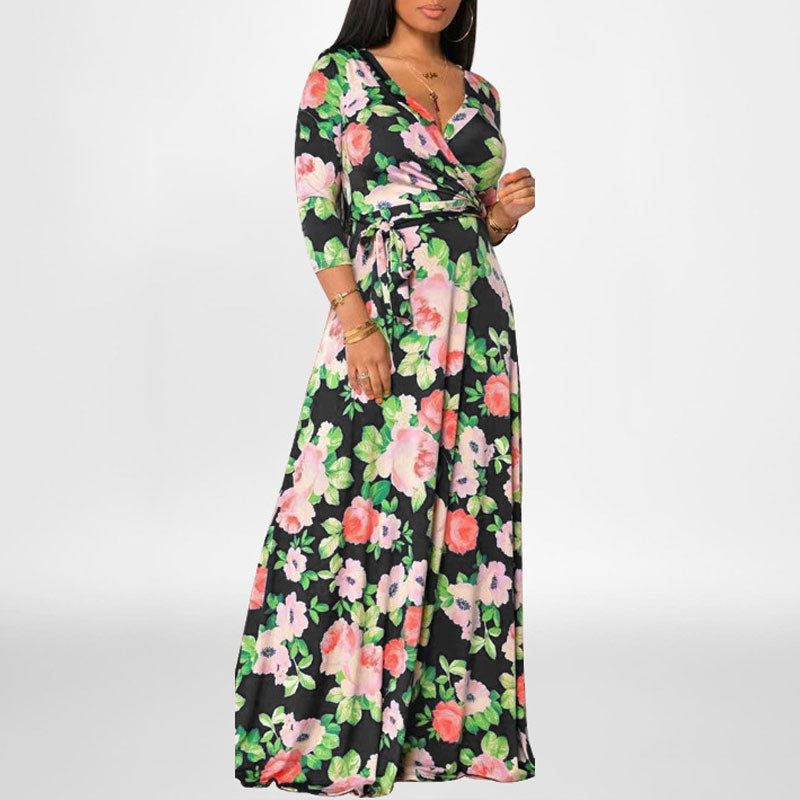 Floral Print V-Neck Long Sleeve Maxi Dress