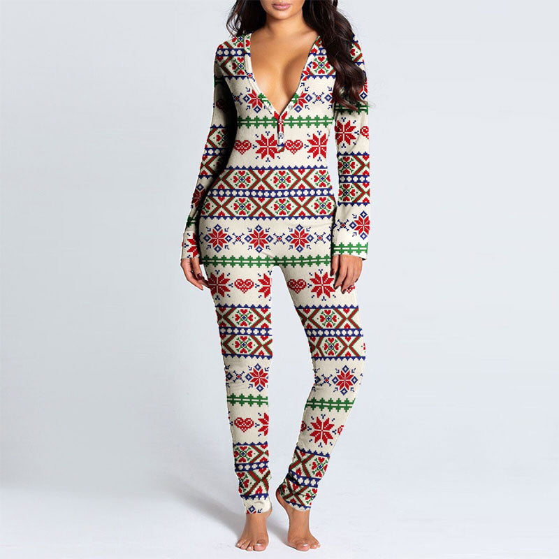 Christmas Pattern Deep V-Neck Long Sleeve Jumpsuit