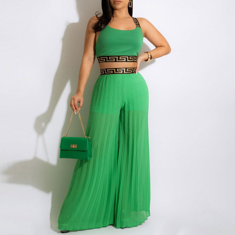 Print Sleeveless Crop Top & Wide Leg Pants Set