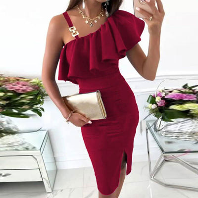 Floral Print One Shoulder Ruffles Slit Midi Dress