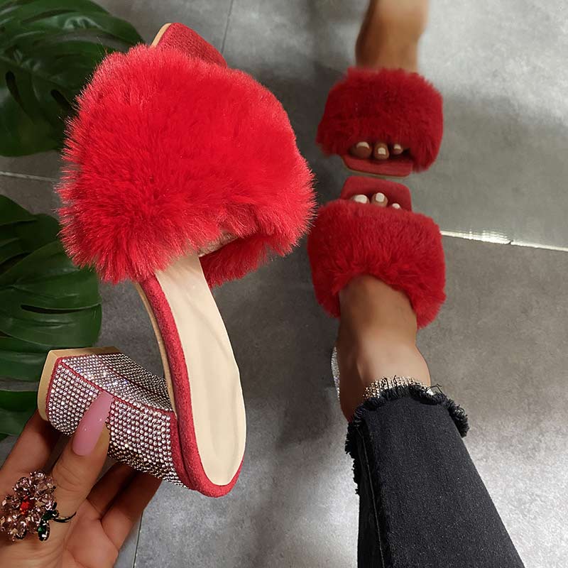 Solid Rhinestone Decoration Fluffy High Heels