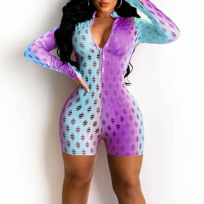 Colorblock Long Sleeve Hollow Out Romper